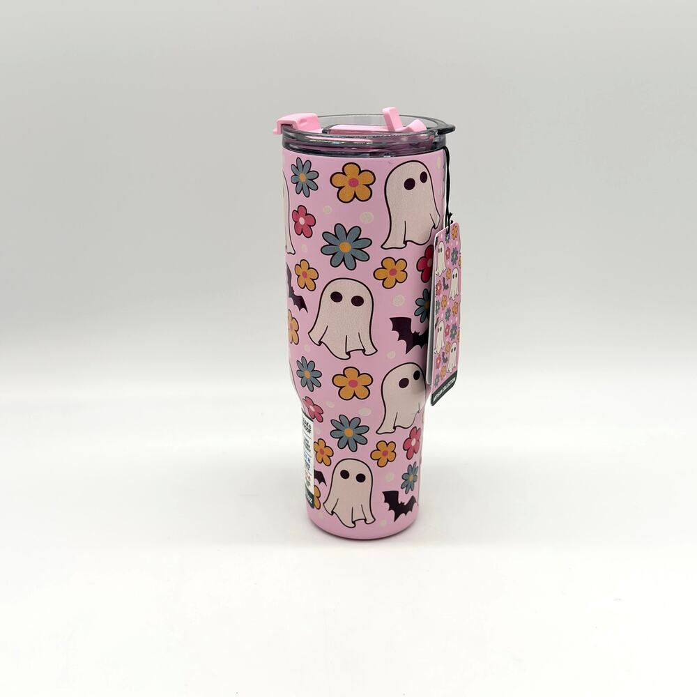 Hydrapeak 32 oz Stainless Steel Halloween Drink Tumbler Ghost Bat Flowers Pink